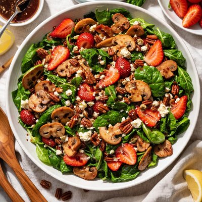 Image of Wilted Spinach and Mushroom Salad with Bacon and Strawberries