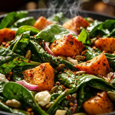 Image of Wilted Spinach Salad with Roasted Kumara Sweet Potato
