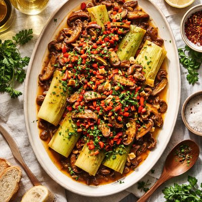 Image of Wine Braised Leeks with Red Pepper Shiitakes
