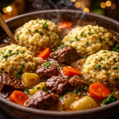 Image of Wintry Beef Vegetable Stew with Fluffy Herb Dumplings