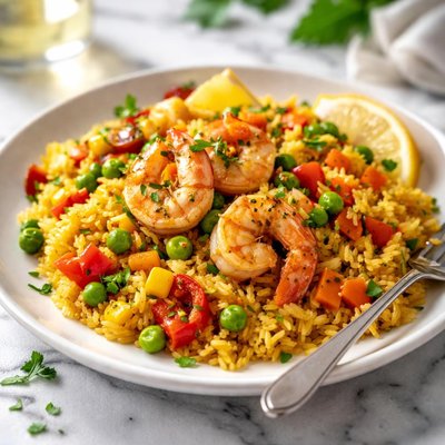 Image of Yellow Rice with Vegetables and Shrimp
