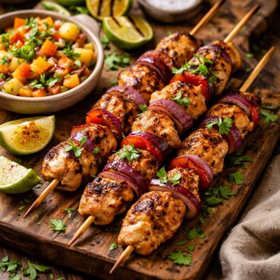Image of Yucatan Style Chicken Skewers with Papaya Tomatillo Salsa