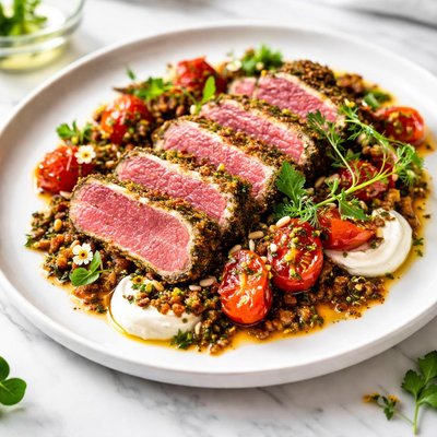Image of Za Atar Crusted Tuna with Cured Tomatoes and Merguez Vinaigrette