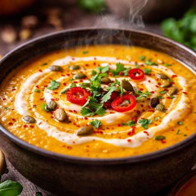 Image of Zesty Pumpkin Soup with Chili Cream