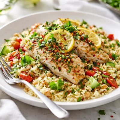 Image of Zingy Roasted Fish with Lemon Herb Couscous