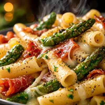 Image of Ziti with Asparagus Smoked Mozzarella and Prosciutto