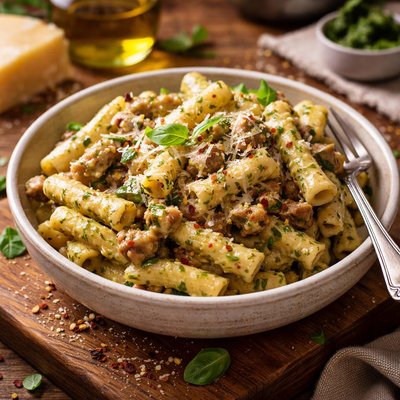 Image of Ziti with Creamy Pesto and Italian Sausage