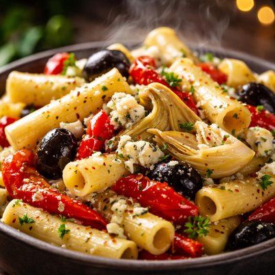 Image of Ziti with Red Peppers Olives Artichokes and Gorgonzola
