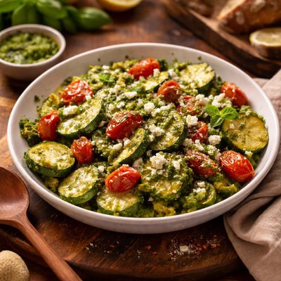 Image of Zucchini and Grape Tomatoes in Pesto with Feta