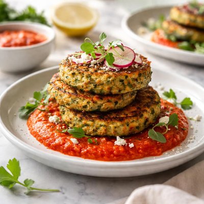 Image of Zucchini Cakes with Red Pepper Puree