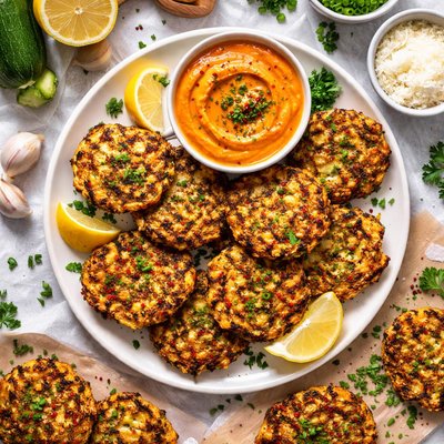 Image of Zucchini Fritters with Roasted Red Pepper Dip