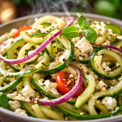 Image of Zucchini Pasta with Red Onion Oregano and Feta