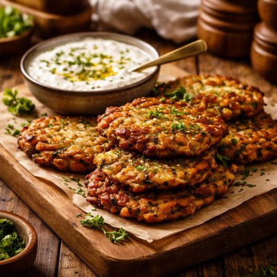 Image of Zucchini Potato Latkes with Tzatziki