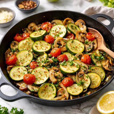 Image of Zucchini Skillet Dinner with Tomatoes and Mushrooms Low Fat
