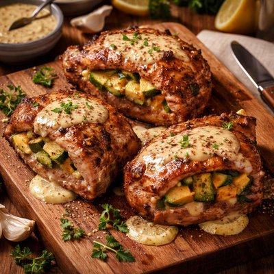 Image of Zucchini Stuffed Pork Chops Mustard Sauce