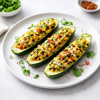 Image of Zucchini Stuffed with Corn Chilies and Cheese Meatless