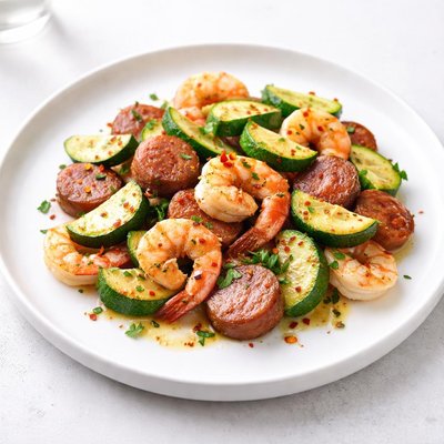 Image of Zuchinni Kielbasa and Shrimp Dish
