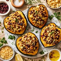 Acorn Squash Stuffed with Herbed Cornbread Stuffing with Seitan