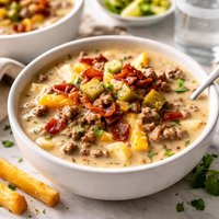 Bacon Cheeseburger and Fries Soup