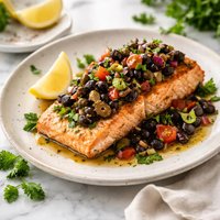 Baked Salmon with Black Olive Salsa