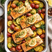Baked Salmon with Red Potatoes and Squash