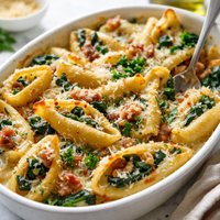 Baked Shells with Fresh Spinach and Pancetta