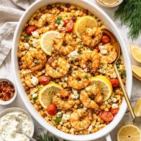 Baked Shrimp and Orzo with Chickpeas Lemon and Dill