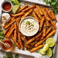 Baked Sweet Potato Fries with Garlic Lime Honey Dip