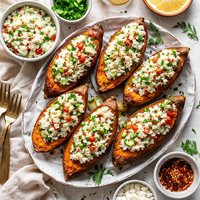 Baked Sweet Potatoes with Yogurt Rice Topping