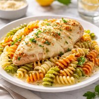 Baked Swiss Chicken Over Tri Colored Spiral Pasta