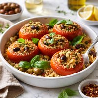 Baked Tomatoes with Orzo and Olives