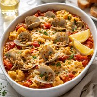 Baked Tortellini with Red and White Clam Sauce