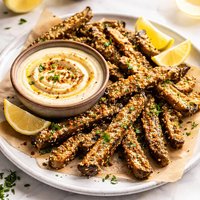 Baked Za Atar Eggplant Fries with Lemon Tahini Dip