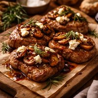 Balsamic Rosemary Veal Medallions W Mushrooms and Goats Cheese