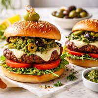 Barbecued Olive and Pesto Burgers