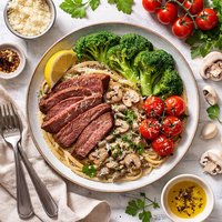 Beef and Pasta with Mushroom Sauce and Vegetables