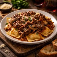 Beef Mushroom Ragu Over Fresh Cheese Ravioli