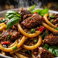 Beef with Garlic Ginger Basil and Udon Noodles