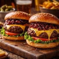 Bison Burgers with Cabernet Onions and Wisconsin Cheddar