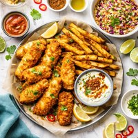Bombay Fish and Chips with Curried Coleslaw and Dipping Sauce