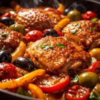 Braised Chicken Thighs with Bell Peppers Olives and Tomatoes
