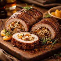 Brandy Marinated Pork Tenderloin Stuffed with Rice and Apricots