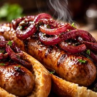 Brats with Glazed Red Onions