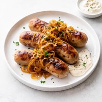 Bratwursts with Caramelized Onions Creamy Horseradish