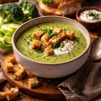 Broccoli and Leek Soup with Croutons and Sour Cream