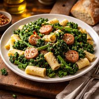 Broccoli Rabe with Garlic and Pasta with Vegetarian Sausage