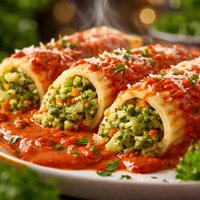Broccoli Slaw Manicotti with Roasted Red Pepper Sauce
