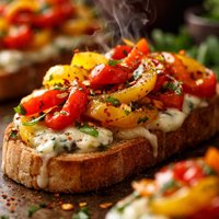 Bruschetta with Sauteed Sweet Peppers and Creamy Gorgonzola