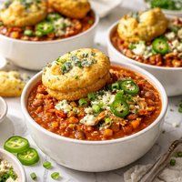 Buffalo Chicken Chili with Blue Cheese Corn Mug Toppers
