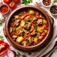Bulgarian Guvech Vegetable Casserole with Meat in a Clay Pot